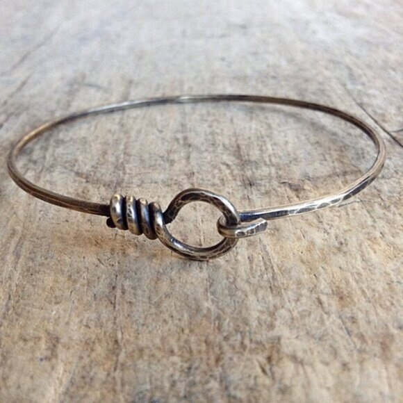 Antique Brass Hook & Eye Bangle Rustic Aged Bronze Unisex Bracelet - 8 inches - Picture 2 of 3